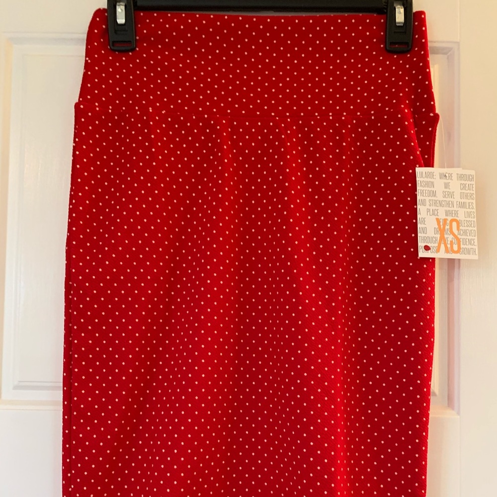 Lularoe Cassie Skirt, red with white pin dots